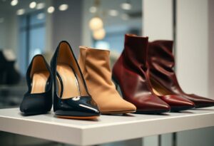 A stylish display of four pairs of women's shoes on a white shelf features chic black patent leather heels, beige ankle boots, and two pairs of red heeled boots. These fashionable shoes not only make feet look smaller but also offer trendy options for fashion enthusiasts in a modern store setting.