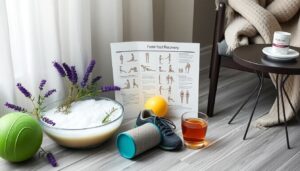 A cozy setup for faster recovery featuring a healing guide, a tennis ball, foam roller, exercise shoes, and a bowl of Epsom salt with lavender. A chair draped with a blanket holds a water bottle beside a table with a soothing beverage.