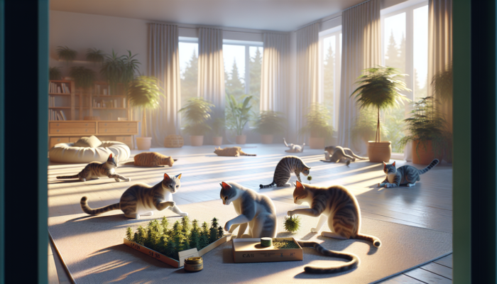 Cats energetically playing with catnip toys in a serene room, showcasing the benefits of feline enrichment.