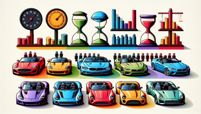 A colorful chart comparing different convertible rental pricing models with labels and convertibles in the background.