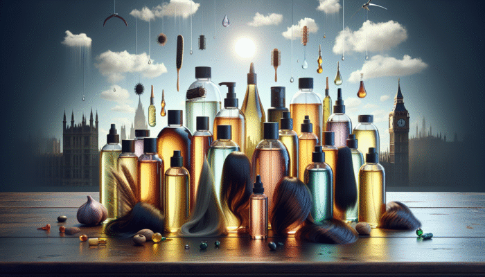 Bottles of hair oils on a wooden table, labelled with benefits, various hair types, against a backdrop reflecting UK weather.