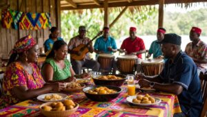 A gathering of people at a table filled with diverse Garifuna food and drinks, while musicians in colourful attire play drums and guitars. The scene captures the lively spirit of Garifuna culture in an outdoor setting adorned with vibrant tablecloths.