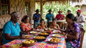 A family gathers around a colourful table outdoors in Belize, enjoying Garifuna food together. In the background, musicians play drums and other instruments under a thatched roof, reflecting the vibrant Garifuna culture. Everyone appears relaxed and happy.