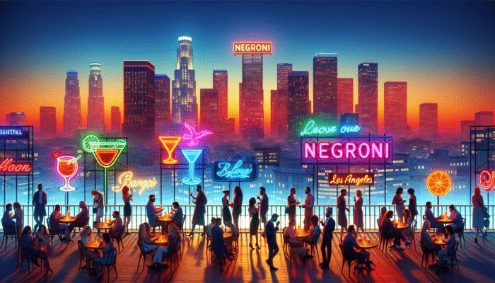 Los Angeles cityscape at dusk, adorned with neon signs of top Negroni bars and patrons enjoying cocktails on terraces.