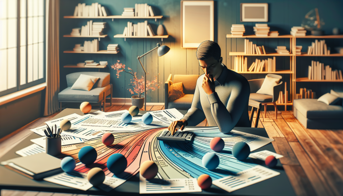 Debt Consolidation Loan Income Requirements: A Comprehensive Guide | DCL Individual calculating debt-to-income ratio in a comfortable home office, surrounded by financial documents and analyses.