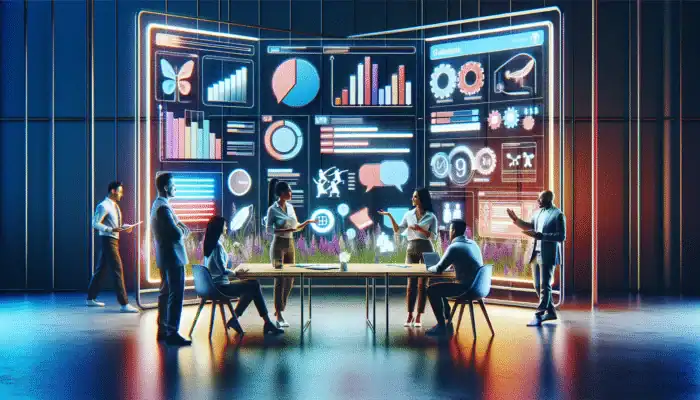 Leverage Content Audits to Enhance Rankings: A collaborative team engages around a screen displaying website content metrics and audit checklists.
