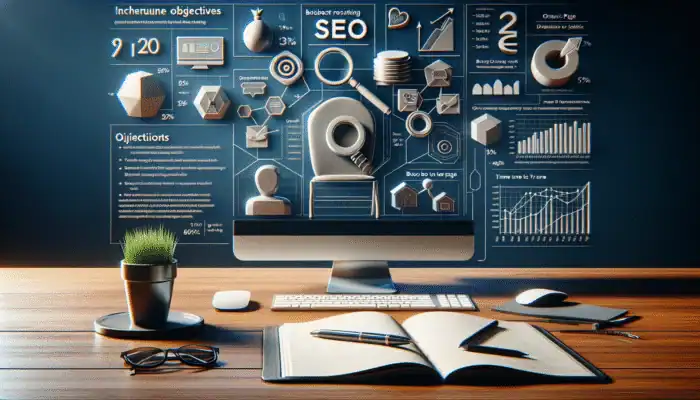 A workspace featuring a computer displaying SEO analytics, a notepad with objectives, and user engagement charts.