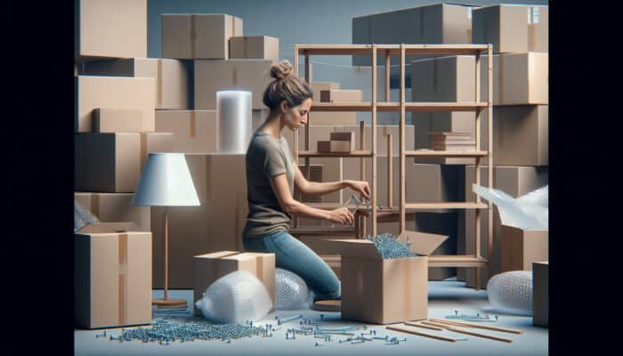 Person disassembling a lamp and shelving unit, organizing parts into labelled bags, wrapping in bubble wrap.