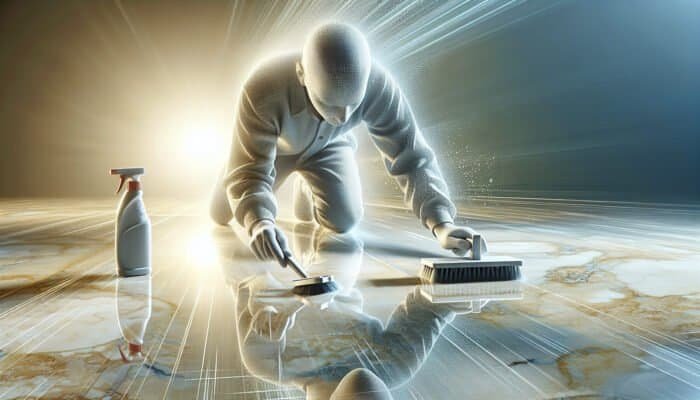 Individual cleaning travertine floor with a brush, detergent, and stone cleaner, demonstrating stain removal.