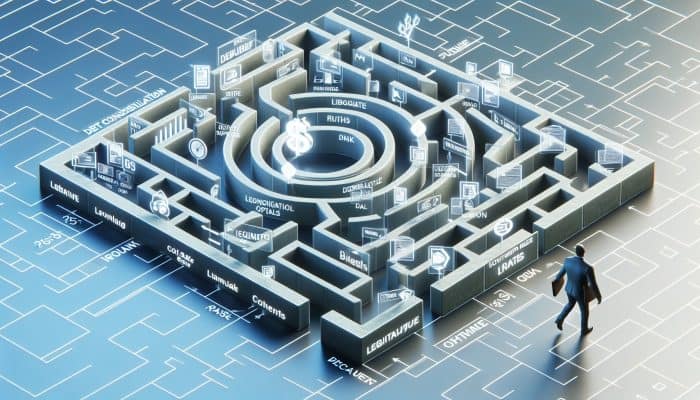 A person navigating a maze of financial paths, with clear safe routes marked, symbolising debt consolidation loans.