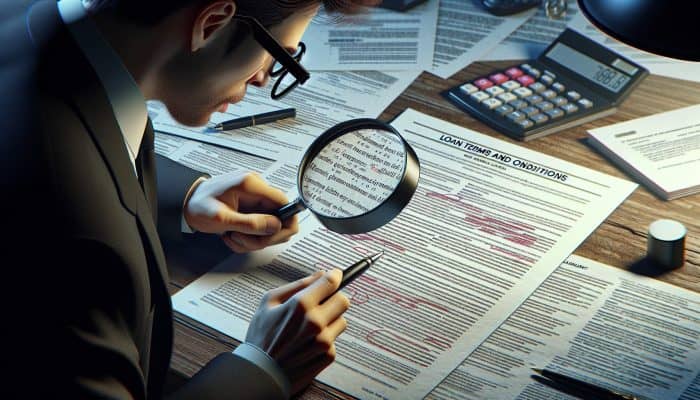 Person using a magnifying glass to examine Loan Terms and Conditions document, with calculator and pen on desk.