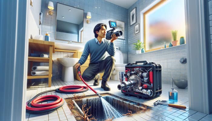Drain Services in Mission: A plumber inspecting a clogged drain with high-tech camera equipment in a modern bathroom, with hydro-jetting and root removal tools nearby.