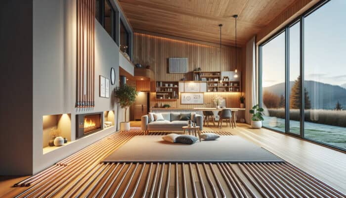 Hydronic Radiant Floor Heating Services in Langley: A modern home showcasing hydronic radiant floor heating with warm water pipes beneath a stylish wooden floor heating a minimalist living room.