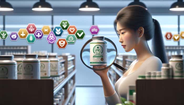 Person using a magnifying glass to check third-party certification on a supplement bottle in a health store.