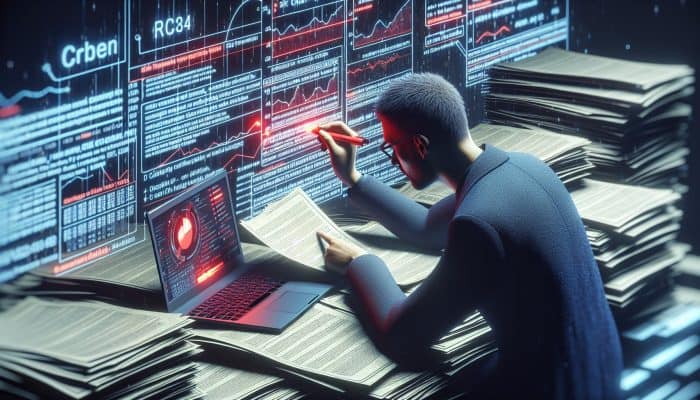 Debt Consolidation and Credit Report Errors: UK Guide | DCL Person examining credit report, marking errors in red, with financial documents and laptop showing credit score analytics.