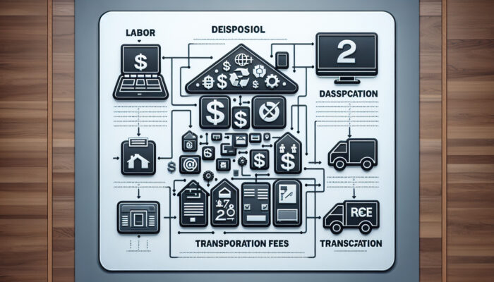 Infographic illustrating house clearance costs, highlighting sections on labour, disposal, and transportation, accompanied by icons and graphs.