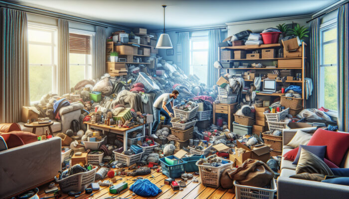 A stressed homeowner amid underestimated cluttered items, conducting a last-minute inventory before clearance.
