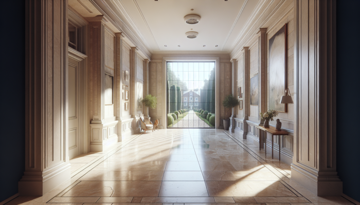 Sturdy travertine tiles in a luxurious Australian home hallway, showcasing natural stone texture and enduring beauty.