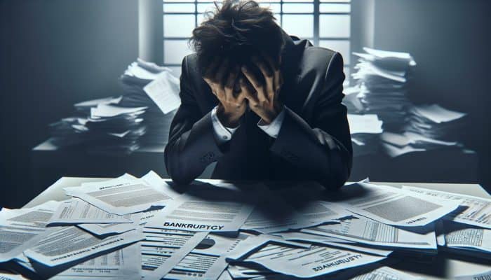 A distressed person at a cluttered desk with legal documents and financial statements, under harsh lighting, symbolising bankruptcy in the UK.