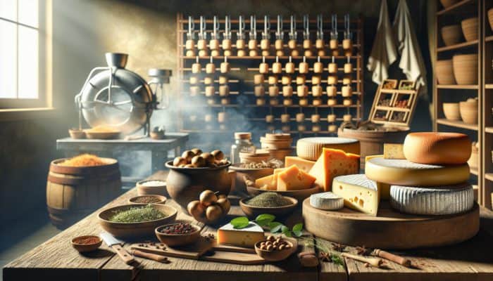 An assortment of cheeses on a rustic table being prepared for smoking with herbs and spices, illuminated by sunlight in a kitchen.