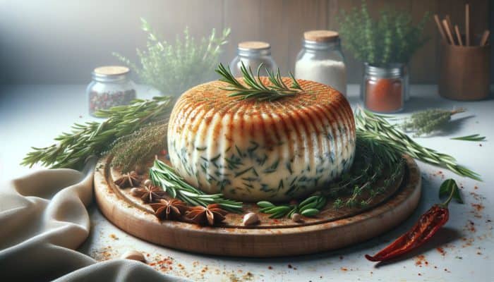A wheel of smoked cheese immersed in herb brine with rosemary, thyme, paprika, and a dry spice crust.