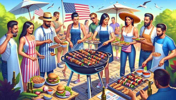 Australian BBQ scene featuring Grilljoy and BBQ Pro smart skewers, adjustable and sturdy, enhancing grilling experience.