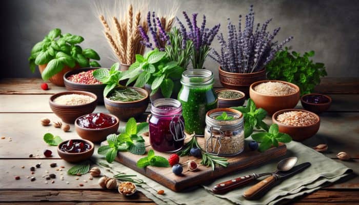 Jars of mint and lavender herbal jams displayed on a rustic breakfast table alongside fresh herbs and whole grains.