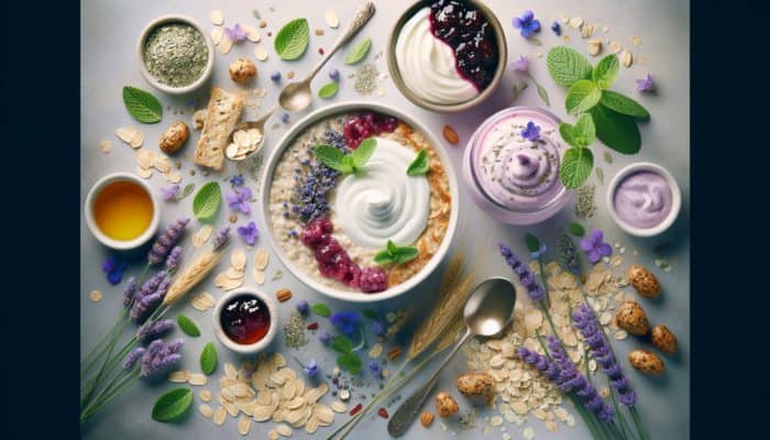 A vibrant breakfast scene showcasing mint jam in oatmeal and lavender jam on Greek yogurt, surrounded by fresh herbs.