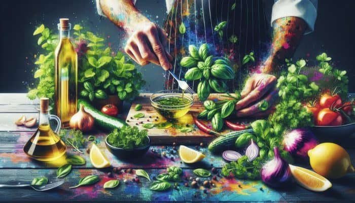 UK chef's table with fresh herbs like basil, mint, coriander, and parsley, crafting colourful salad dressing.