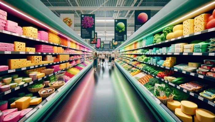 Vibrant plant-based meat alternatives and dairy-free cheeses in a UK supermarket, reflecting current vegetarian and vegan trends.