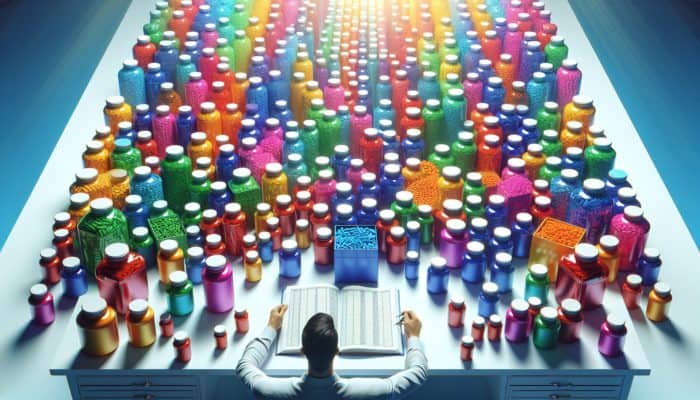 A person organizing colorful supplement bottles on a table with an open journal, symbolising safe stacking practices.