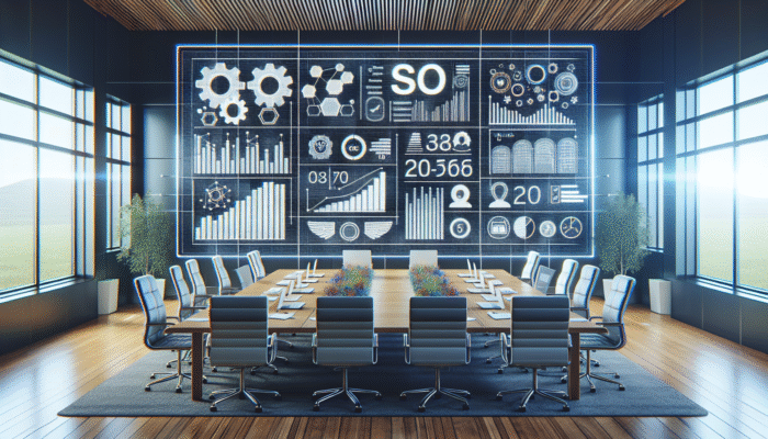 Digital dashboard displaying SEO metrics and trends with Google Data Studio in a modern office.