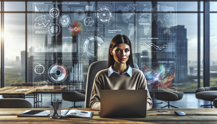 A data analyst examining graphs and charts, focusing on seasonal promotion trends in a modern office.