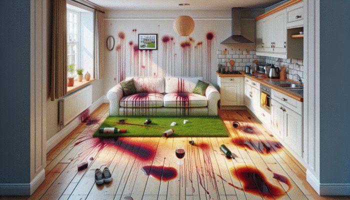 Stains from red wine on carpet, grass on sofa, ink on shirt, and grease on tiles in a UK home.
