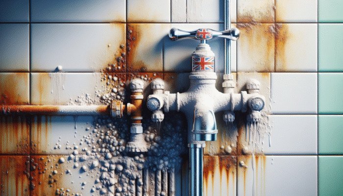 Modern UK bathroom with rust and limescale on fixtures and tiles, showcasing the need for thorough cleaning.