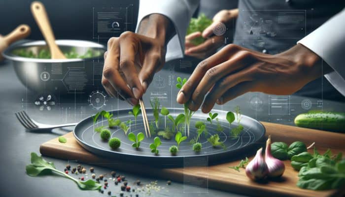 Skilled hands meticulously arranging vibrant green herb garnishes on a beautifully presented dish.
