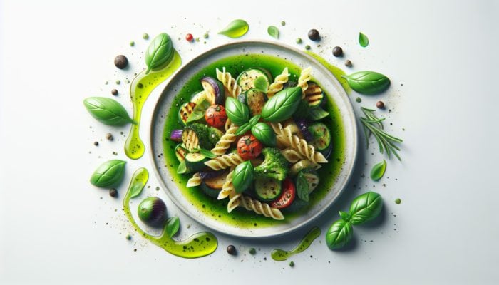 A dish featuring grilled vegetables and pasta, drizzled with green herb-infused olive oil, garnished with basil and parsley.