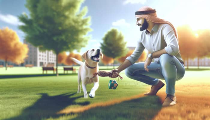 A dog owner supervises their dog playing fetch safely in a well-maintained park on a sunny day.