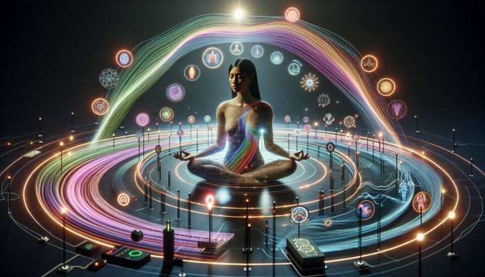 A serene woman surrounded by biofeedback devices and holographic health data visualisations.