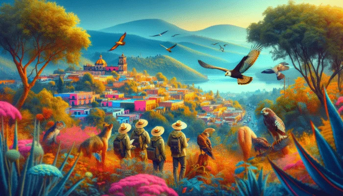 A vibrant landscape of San Miguel de Allende with experts guiding a wildlife tour, showcasing exotic birds and local fauna.