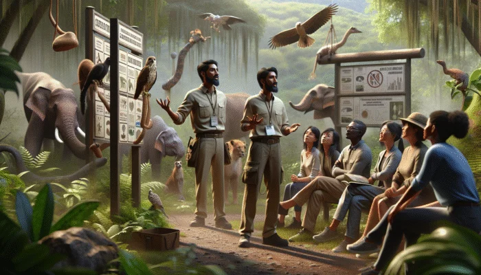 A guide explaining conservation challenges to a group in a lush habitat, using educational diagrams and posters.
