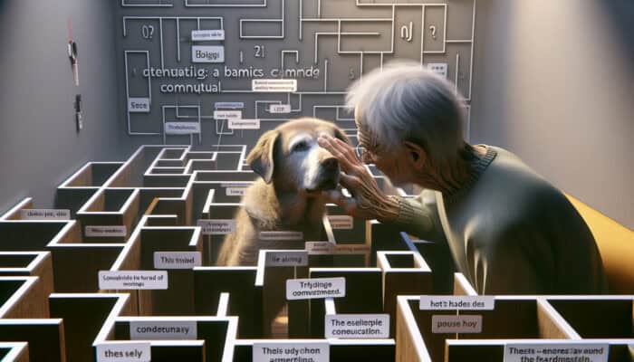 An elderly dog, appearing confused and lost in a familiar home, relies on its owner for guidance due to cognitive decline.