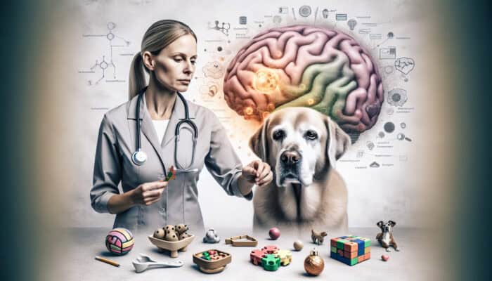 An elderly dog with cognitive toys and a vet, emphasising the importance of mental stimulation in slowing cognitive decline.