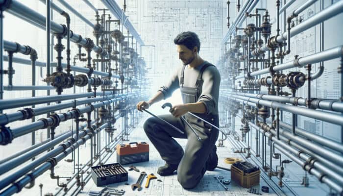 A skilled plumber in overalls working on commercial plumbing systems in Ladner, Delta, showcasing expertise and professionalism.