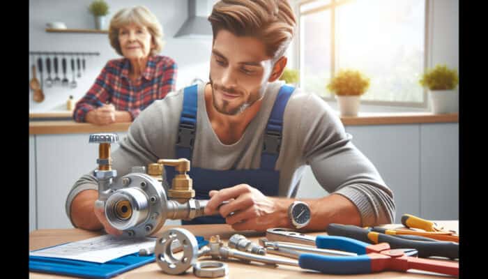 A plumber in Chilliwack replacing a water valve, with visible tools and the homeowner present.