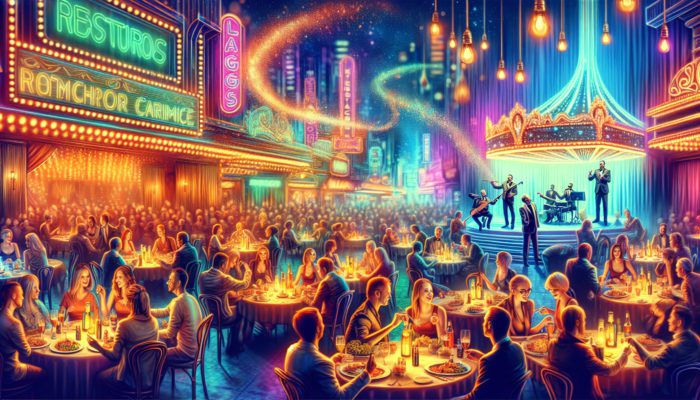 Diners enjoying gourmet meals complemented by live entertainment in a vibrant Las Vegas restaurant bathed in neon lights.