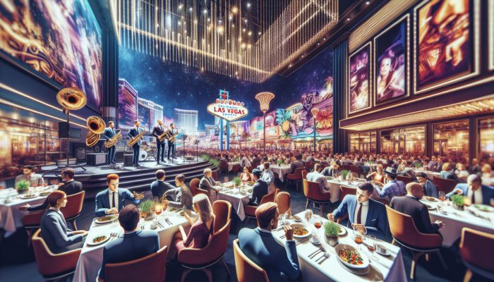 A bustling Las Vegas restaurant at night with patrons enjoying gourmet meals and live jazz music.
