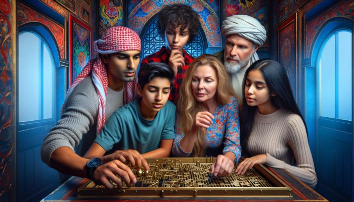 A family in a vibrant Las Vegas escape room, solving puzzles together with excitement and focus.