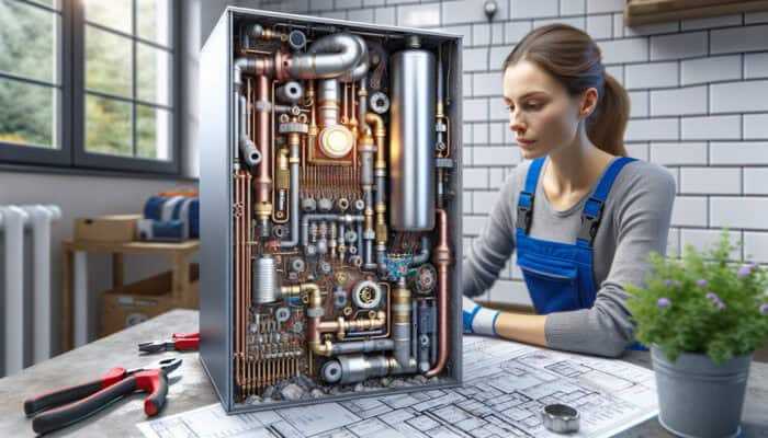 A boiler cross-section with leaks from corroded pipes and faulty valves, being repaired by a technician in a Ladner home.