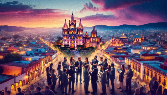 Aerial view of San Miguel de Allende at sunset, featuring vibrant cathedrals, cobblestone streets, and colonial architecture, with experts in discussion.
